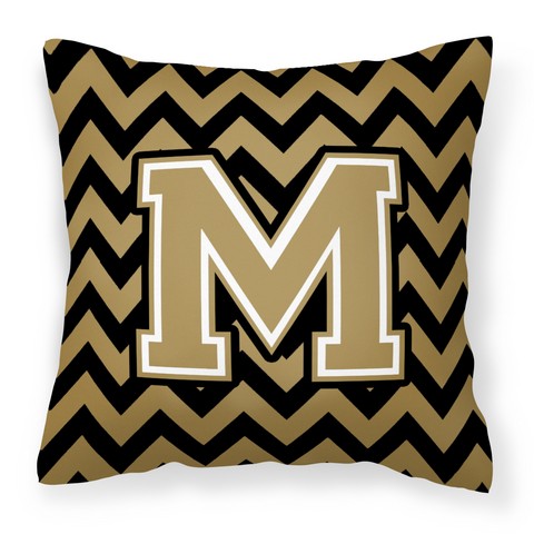 Letter M Chevron Black & Gold Fabric Decorative Pillow - 14 x 3 x 14 in.