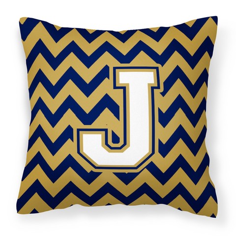 Letter J Chevron Navy Blue & Gold Fabric Decorative Pillow - Navy Blue & Gold - 14in. H x 3in. W x 14in. L