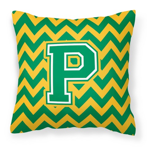 CJ1059-PPW1414 Letter P Chevron Green & Gold Fabric Decorative Pillow