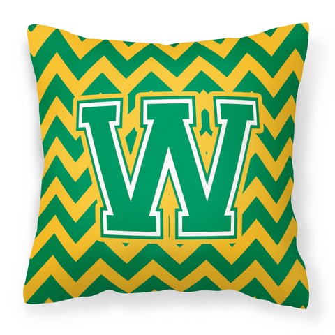 Letter W Chevron Green & Gold Fabric Decorative Pillow
