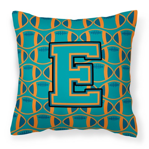 Letter E Football Aqua - Orange & Marine Blue Fabric Decorative Pillow