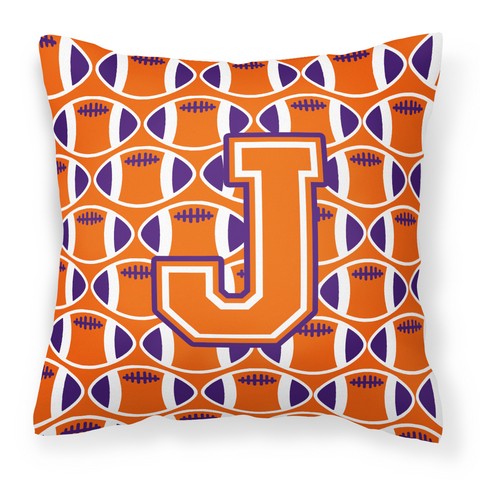 Letter J Football Orange - White & Regalia Fabric Decorative Pillow