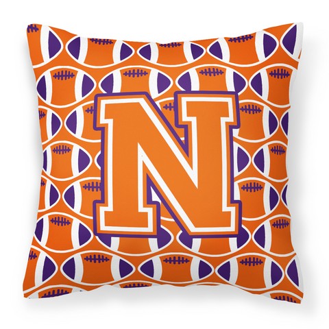 Letter N Football Orange - White & Regalia Fabric Decorative Pillow