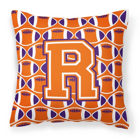 Letter R Football Orange - White & Regalia Fabric Decorative Pillow