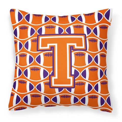 Letter T Football Orange - White & Regalia Fabric Decorative Pillow
