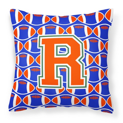 Letter R Football Green - Blue & Orange Fabric Decorative Pillow