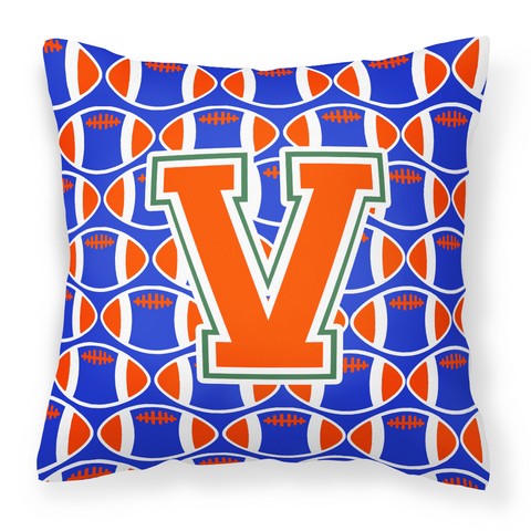 Letter V Football Green - Blue & Orange Fabric Decorative Pillow