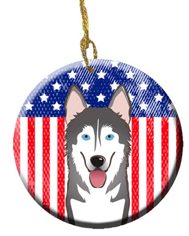 BB2148CO1 American Flag & Alaskan Malamute Ceramic Ornament