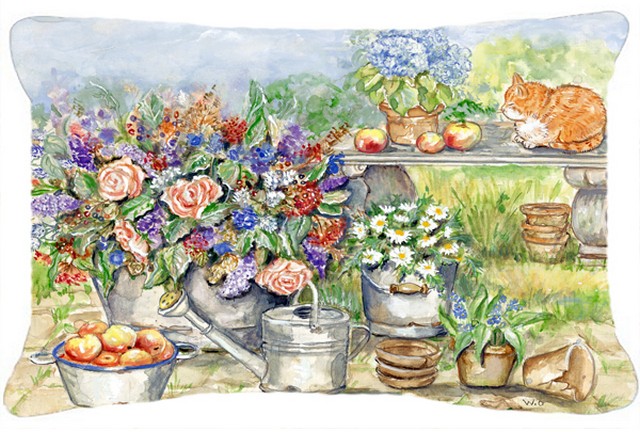 Patio Bouquet & Cat Fabric Decorative Pillow