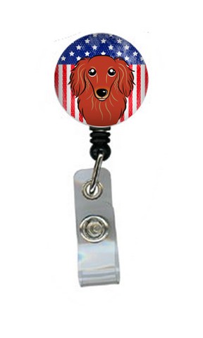American Flag & Longhair Red Dachshund Retractable Badge Reel