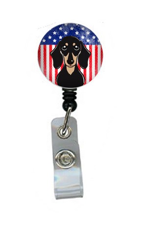 BB2145BR American Flag & Smooth Black & Tan Dachshund Retractable Badge Reel