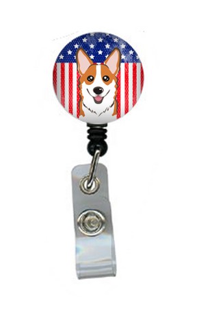 American Flag & Red Corgi Retractable Badge Reel - Red