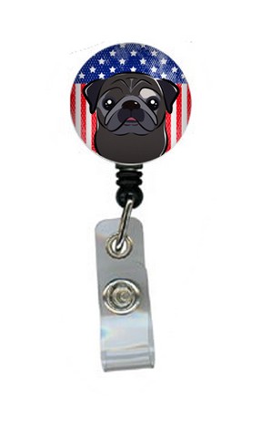 American Flag & Black Pug Retractable Badge Reel