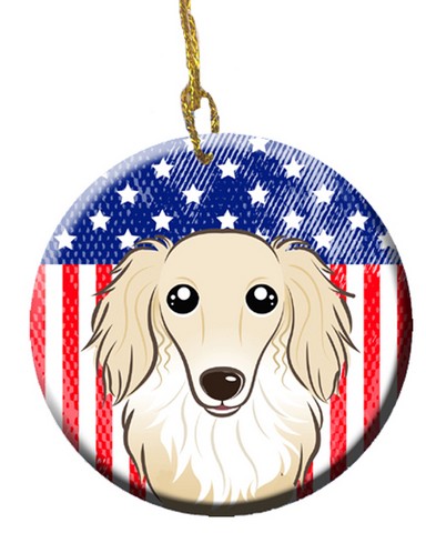 American Flag & Longhair Creme Dachshund Ceramic Ornament