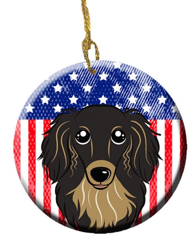 BB2143CO1 American Flag & Longhair Black & Tan Dachshund Ceramic Ornament