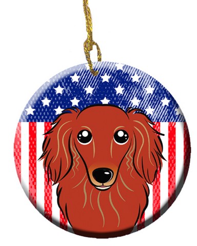 American Flag & Longhair Red Dachshund Ceramic Ornament