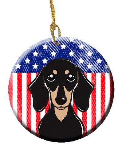 American Flag & Smooth Black & Tan Dachshund Ceramic Ornament