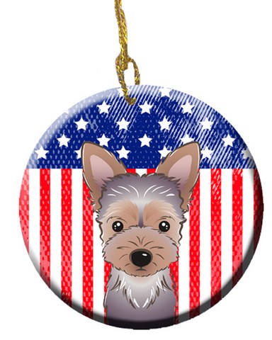 American Flag & Yorkie Puppy Ceramic Ornament