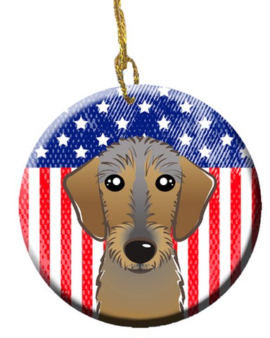 American Flag & Wirehaired Dachshund Ceramic Ornament