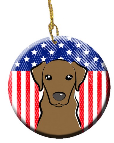 American Flag & Chocolate Labrador Ceramic Ornament
