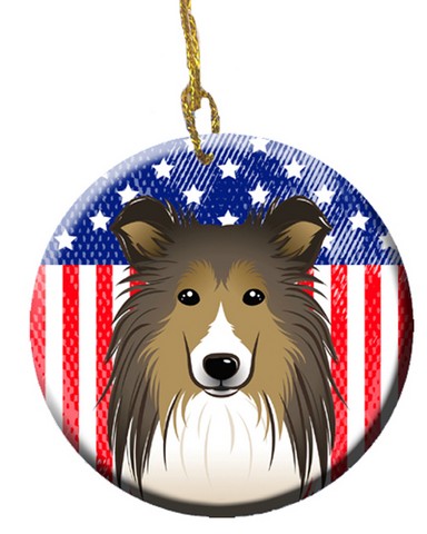 American Flag & Sheltie Ceramic Ornament