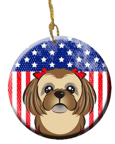 American Flag & Chocolate Brown Shih Tzu Ceramic Ornament