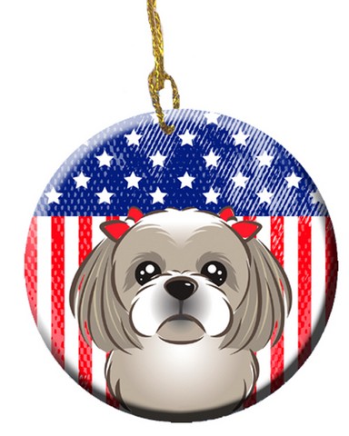 American Flag & Gray Silver Shih Tzu Ceramic Ornament