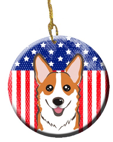 BB2184CO1 American Flag & Red Corgi Ceramic Ornament