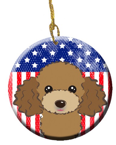 BB2186CO1 American Flag & Chocolate Brown Poodle Ceramic Ornament