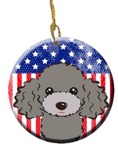 BB2189CO1 American Flag & Silver Gray Poodle Ceramic Ornament