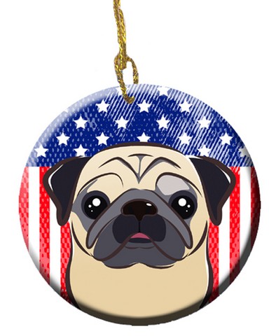BB2192CO1 American Flag & Fawn Pug Ceramic Ornament