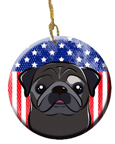 BB2193CO1 American Flag & Black Pug Ceramic Ornament