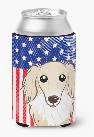 American Flag & Longhair Creme Dachshund Can or Bottle Hugger