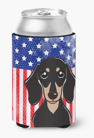 American Flag & Smooth Black & Tan Dachshund Can or Bottle Hugger