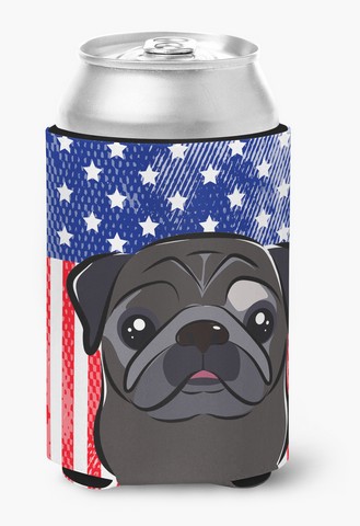 American Flag & Black Pug Can or Bottle Hugger