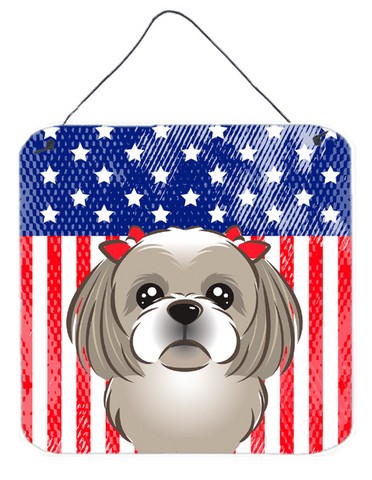 American Flag & Gray Silver Shih Tzu Wall or Door Hanging Prints