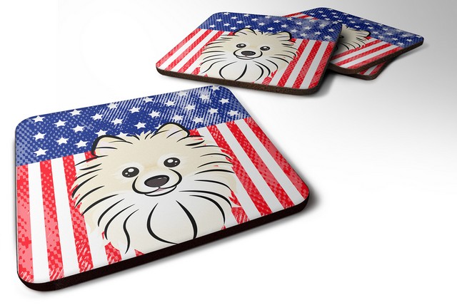 BB2137FC American Flag & Pomeranian Foam Coaster, Set of 4