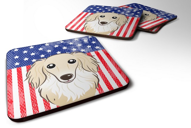 American Flag & Longhair Creme Dachshund Foam Coaster