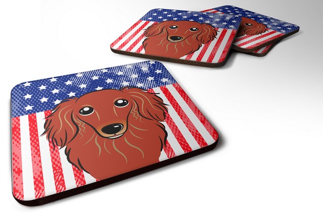 BB2144FC American Flag & Longhair Red Dachshund Foam Coaster