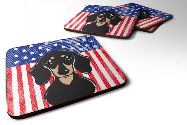 BB2145FC American Flag & Smooth Black & Tan Dachshund Foam Coaster, Set of 4