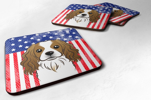 BB2154FC American Flag & Cavalier Spaniel Foam Coaster, Set of 4