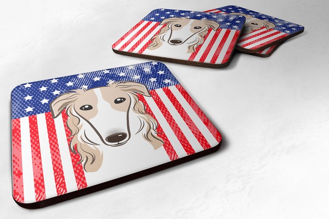 BB2158FC American Flag & Borzoi Foam Coaster, Set of 4
