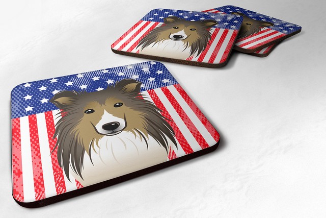 BB2172FC American Flag & Sheltie Foam Coaster, Set of 4