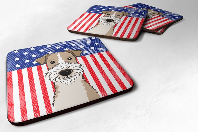 BB2177FC American Flag & Wire Haired Fox Terrier Foam Coaster, Set of 4