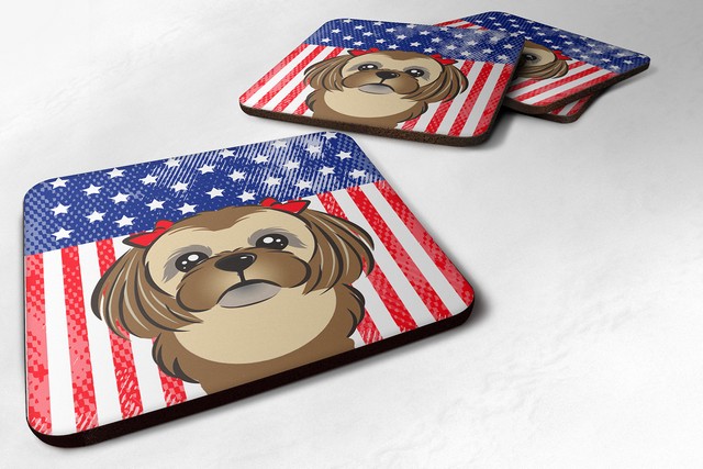 American Flag & Chocolate Brown Shih Tzu Foam Coaster, Set of 4