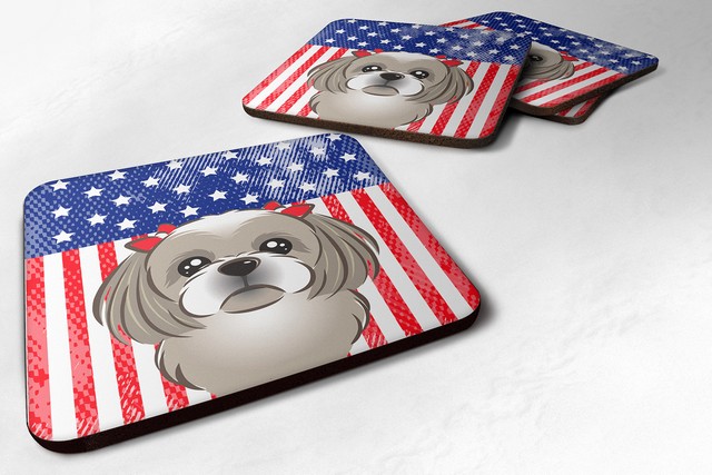 American Flag & Gray Silver Shih Tzu Foam Coaster