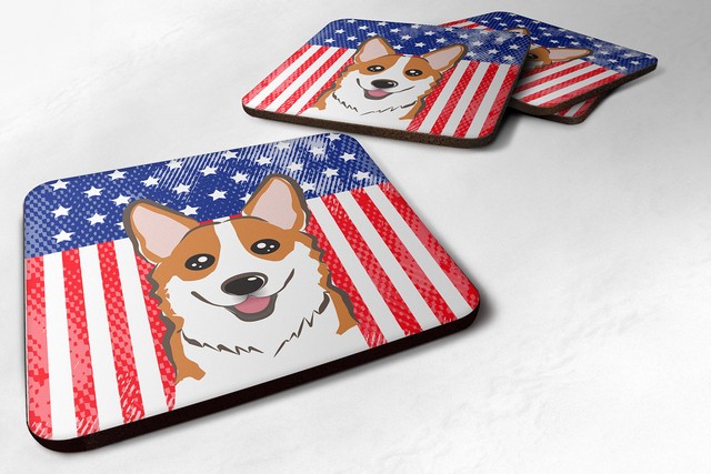 BB2184FC American Flag & Red Corgi Foam Coaster, Set of 4
