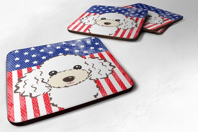 BB2187FC American Flag & White Poodle Foam Coaster, Set of 4