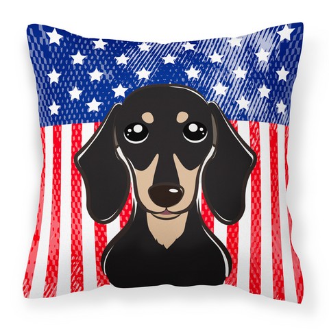 American Flag & Smooth Black & Tan Dachshund Fabric Decorative Pillow