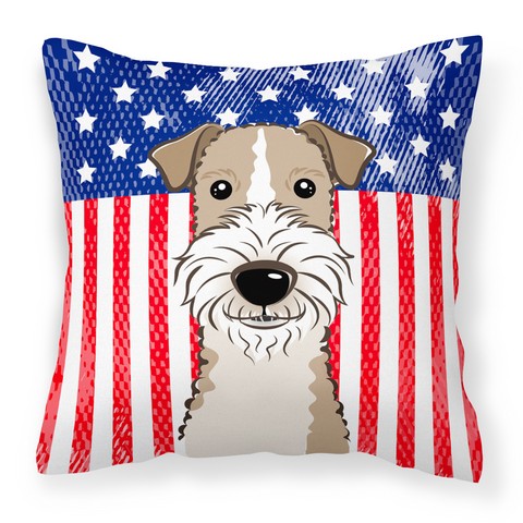 BB2177PW1414 American Flag & Wire Haired Fox Terrier Fabric Decorative Pillow, 14 x 3 x 14 in.